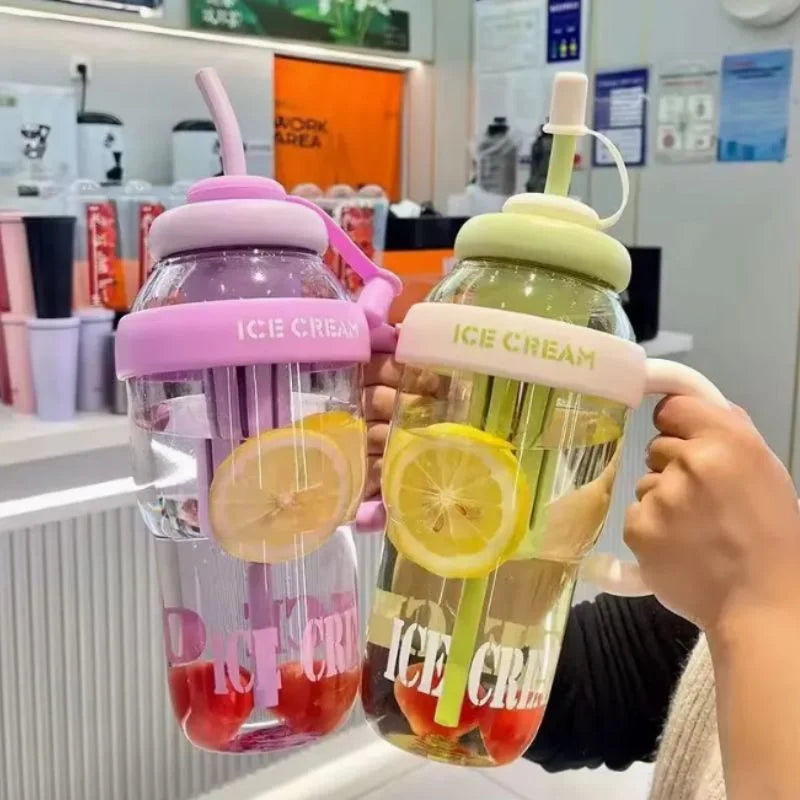Ice Cream Water Bottle with Straw & Tea Infuser | 1400ml  |  | Large Capacity Gym | Random color