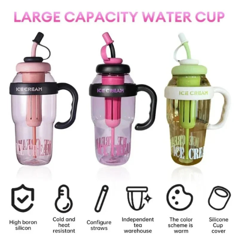 Ice Cream Water Bottle with Straw & Tea Infuser | 1400ml  |  | Large Capacity Gym | Random color